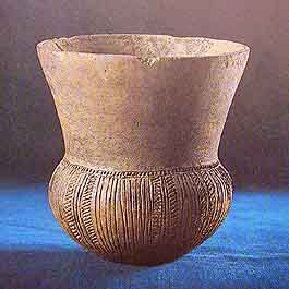Trechterbeker, deze vonden ze in de omgeving van de hunebedden. Deze pot is gevonden in  de bodem bij Hooghalen, 10 km ten zuiden van Assen. (foto :  Drents Museum
